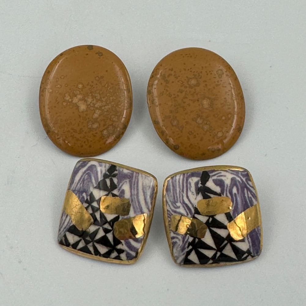 Art Deco‎ Stud Earrings OS Tan Purple Gold Vintage Geometric Enamel 2 Pair Set